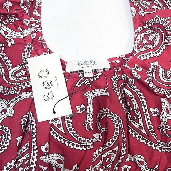 NEW! SEA New York BLOCK PRINT SHIRRED SWEETHEART puff sleeve top XXS and L - Picture 4 of 8